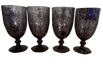 Set Of 4 Purple Tinted Depression Era Water Goblets With Embossed Pattern