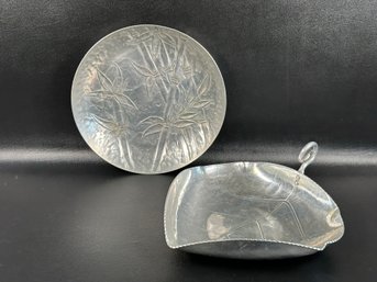 A Pair Of Vintage Aluminum Hostess Items: Etched Aluminum Tray & Hammered Aluminum Leaf Dish