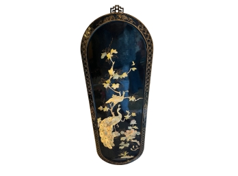 1930s Vintage Lacquered Chinoiserie Oval Wall Panel With Peacock Motif And Decorative Metalwork