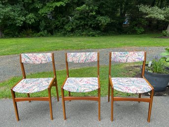 Three Vintage Danish Modern Teak Chairs With Whimsical Fabric