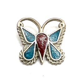 Vintage Sterling Silver Turquoise And Coral Inlay Butterfly Pendant