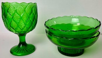 Vintage Green Glass - 2 Brody Bowls And A Footed Goblet (3)