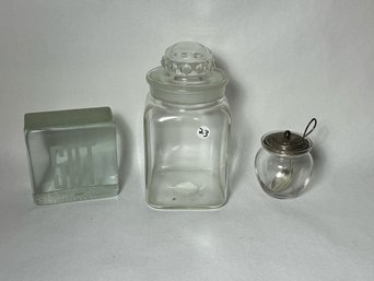 AN ANTIQUE APOTHECARY JAR AND A CRYSTAL SUGAR BOWL W/ STERLING SILVER TOP