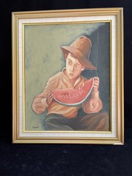 Boy Eating Watermelon Framed Painting - Artist Signed