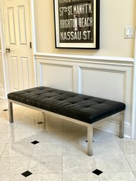 Room & Board Black Leather Bench In Brushed Silver Finish