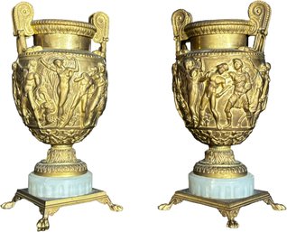 A Pair Of Magnificent Louis-Philippe Bronze Urns With Classical Reliefs On Onyx Plinths