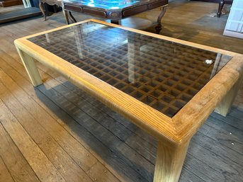 Nice Blond Oak Coffee Table With Lattice Wood Under Glass Top