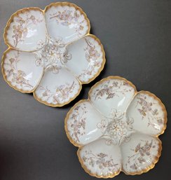 Antique Pair Porcelain Oyster Plates - Altrohla Austria - Charles Ahrenfeldt - 5 Wells - Floral - Gold Rims