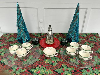 Collection Of Christmas Decor - Set Of Six Spode Christmas Cups, Tablecloth, Platters And More