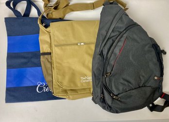 A Tote Bag, Messenger Bag, And A Single Strap Backpack