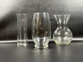 Three Florist's Vases In Clear Glass