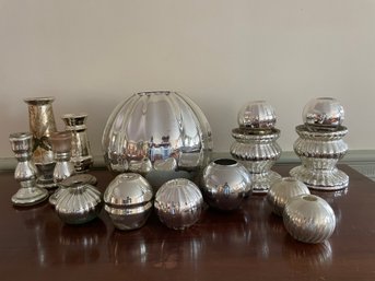 Large Collection Of Mercury Glass Vases, Candle Holder And More.