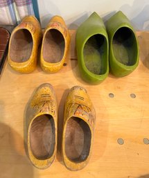 Pair Of Three Different Antique Hand Carved Wooden Shoes Small And Large Sizes In Different Colors.