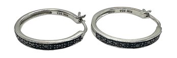 Sterling Silver Hoops With Tiny Black Gemstones