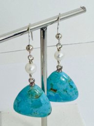 BEAUTIFUL STERLING SILVER TURQUOISE AND PEARL DANGLE EARRINGS
