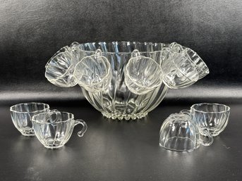 A Vintage Punch Bowl & Eleven Cups With Hook Handles