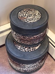 Pair Of Round Stackable Wood Display Storage Boxes With Animal Print  & Faux Leather Accents - Felt Lined