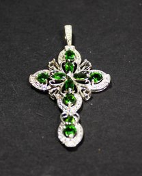 VERY FINE STERLING SILVER CROSS PENDANT HAVING GENUINE PERIDOT STONES