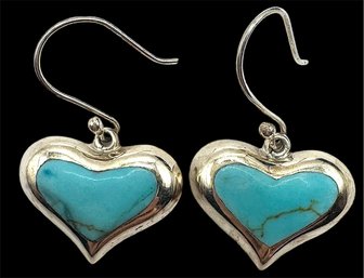 Vintage Sterling Silver Turquoise Stone Heart Dangle Earrings