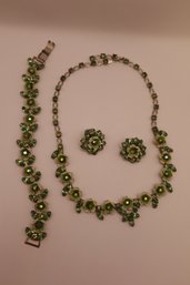 Weiss Green Rhinestone Silver Tone Flower Set Necklace, Bracelet And Earrings