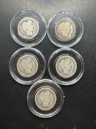 5 Barber Silver Dimes 1911, 1912, 1913, 1914, 1916