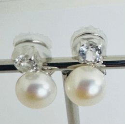JTV RHODIUM OVER STERLING SILVER PEARL AND WHITE TOPAZ CLIP-ON EARRINGS - NEVER WORN