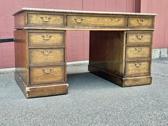 Circa 1920's Antique Partners Desk With Tooled Leather Top