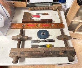 Two Antique Stanley Wood Level Rule,red Devil Tools, Long Steel Tape, Wood Chisel & Working Tools. A5-Sw