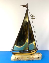 MCM Large Size Copper & Marble Signed DeMott Sail Boat Sculpture - Nearly 2 Feet High