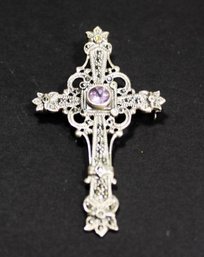 LARGER STERLING SILVER CROSS PENDANT HAVING MARCASITE AND AMETHYST