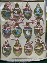 VTG Glass Easter Egg Ornaments Box Of 12 Small Clear Glass & Pastel Painted