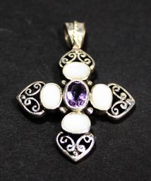 FINE STERLING SILVER MOONSTONE AND AMETHYST MALTESE CROSS PENDANT