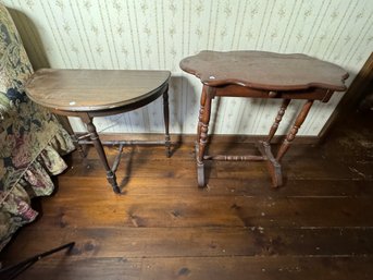 AN ANTIQUE ONE DRAWER STAND AND A DEMILUNE TABLE