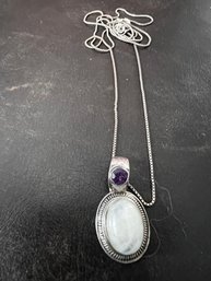 Sterling Silver Crystal And Cut Amethyst Bezel Pendant Necklace