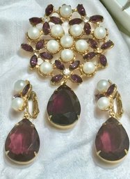 Vintage Teardrop Faux Pearl & Purple Glass 3' Pin & 2' Earring Set ( READ DESCRIPTION)