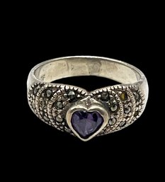 Vintage Sterling Silver Marcasite And Amethyst Color Ring, Size 6.5