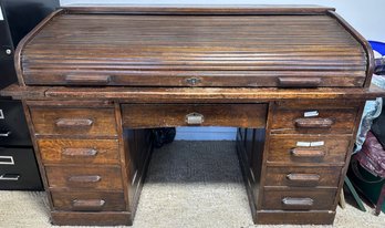 Early 20th C. English Oak Roll Top Desk By Wm. Richardson Furnishings