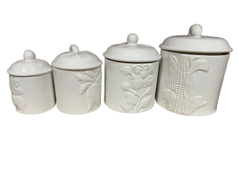 Country White Ceramic Kitchen Canister Set With Assorted Veggie Relief Patterns (4 Piece)