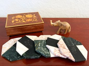 An Inlaid Wood Jewelry Box And Coasters