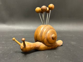 Mid-Century Set Of Cocktail Picks In A Wooden Snail Holder