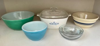 Vintage Cornflower Blue Corning Wear Casserole, Anchor Hocking Glass Nesting Bowls, 2 Vintage Pyrex & More