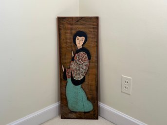 Vintage Ralph Eno Carved Wood Hand Painted Geisha Portrait