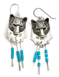 Vintage Sterling Silver Wolf Head Dangle Earrings