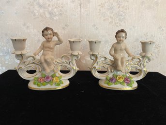 Vintage Porcelain Cherubs Candlestick Holders