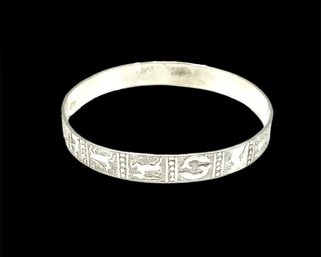 Gorgeous Taxco Mexico Sterling Silver Engraved Hieroglyphics Bangle Bracelet