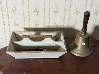 A LARGE ANTIQUE BRASS BELL AND AN ANTIQUE KNIFE BOX