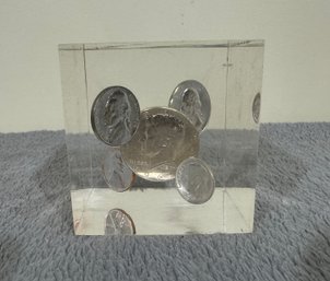 Vintage 1964 Silver Coins Paperweight In Acrylic