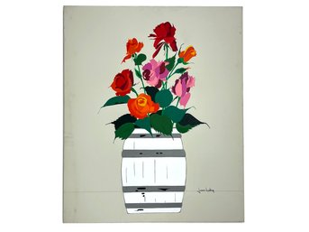 A Vintage Acrylic On Canvas, Modern Flowers In Barrel, Joan Luby (American, 1934-2015)