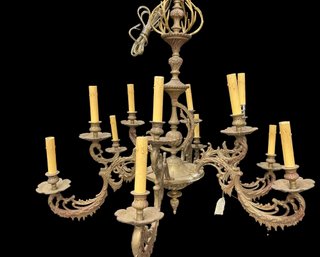 Six Double Arm Mid 20th Century Spanish Bronze Chandelier With Crystals