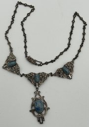 Fine Vintage 1940s Sterling Silver, Lapis Lazuli And Marcasite Panel Necklace